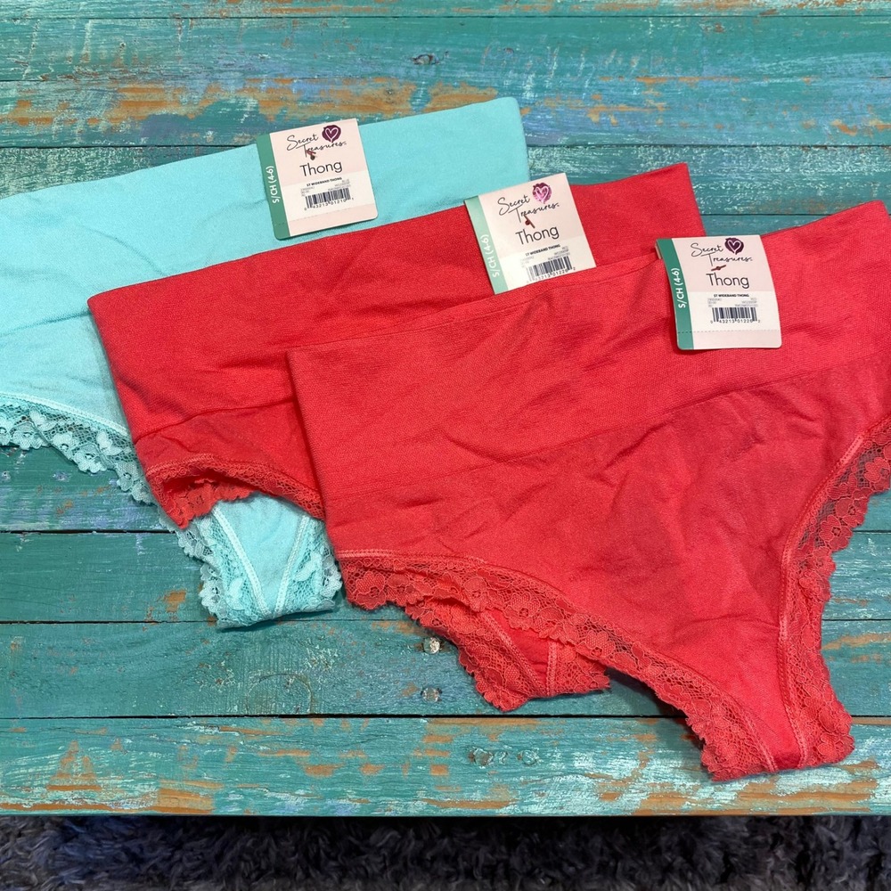 Secret Treasures Women Wideband Thong Lace Trim Underwear 3 Pack Red Blue S 4-6